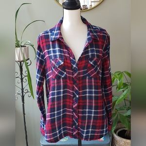 Beach Lunch Lounge Red Blue White Plaid Long Sleeve Flannel Shirt Size L